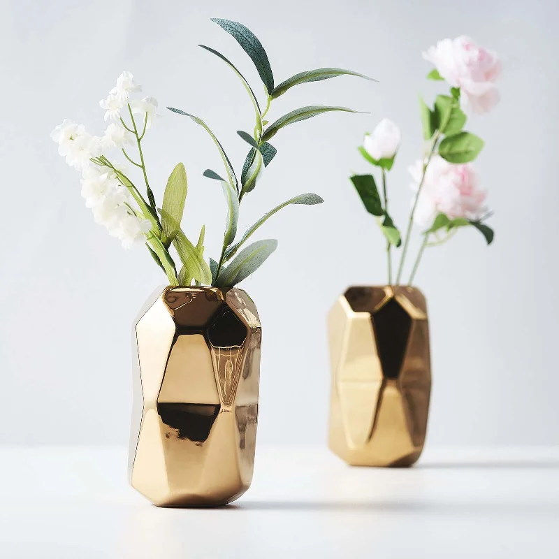 Textured silk table runner-2 Pack Metallic Gold Modern Geometric Cylinder Ceramic Vases 6"