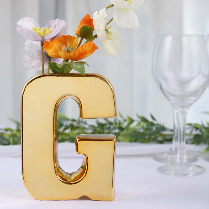 Vintage red glass vase-Shiny Gold Plated Ceramic Letter "G" Sculpture Flower Vase, Bud Planter Pot Table Centerpiece 6"