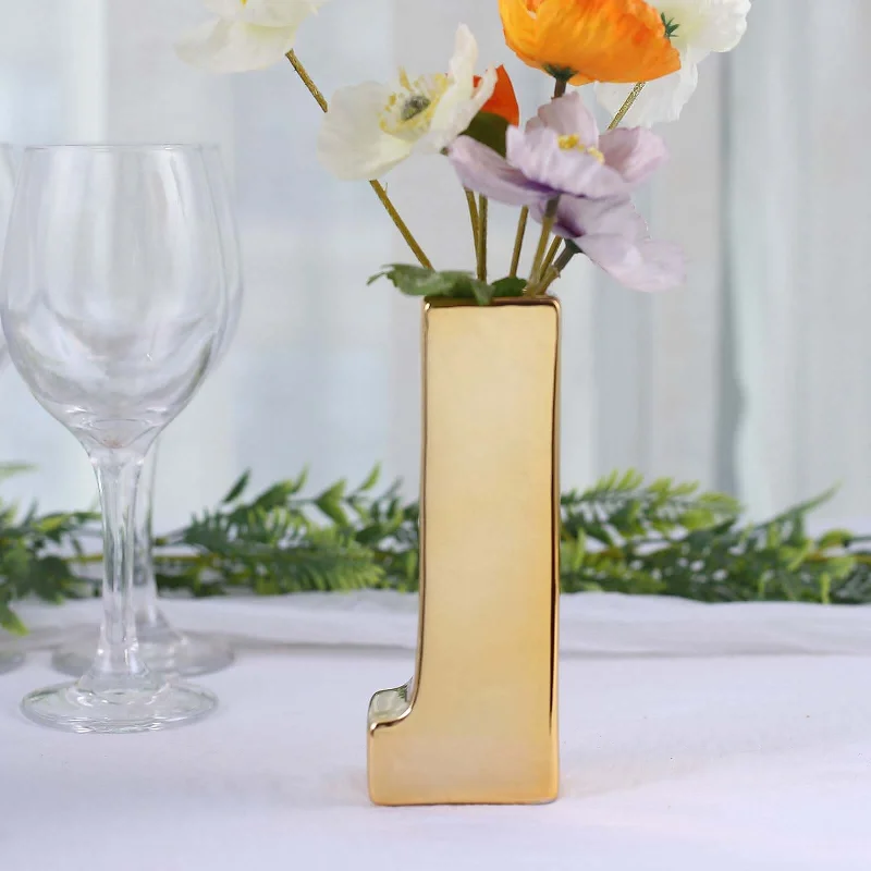 Farmhouse birch wall art-Shiny Gold Plated Ceramic Letter "J" Sculpture Flower Vase, Bud Planter Pot Table Centerpiece 6"