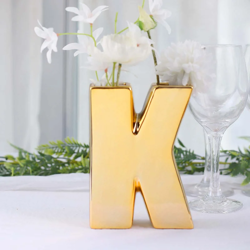 Slate base table light-Shiny Gold Plated Ceramic Letter "K" Sculpture Flower Vase, Bud Planter Pot Table Centerpiece 6"