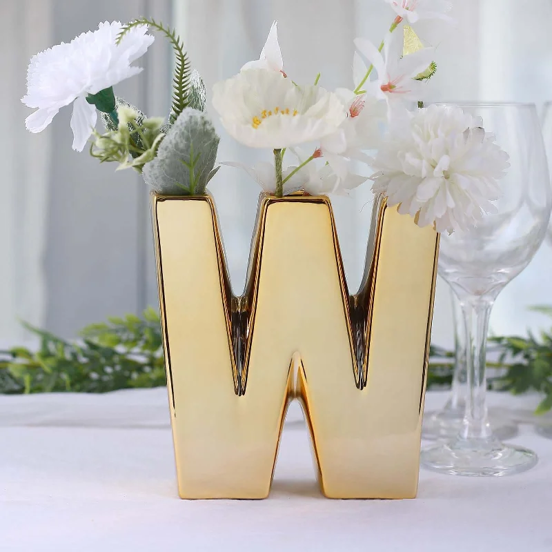 Bronze-rimmed decorative bowl-Shiny Gold Plated Ceramic Letter "W" Sculpture Flower Vase, Bud Planter Pot Table Centerpiece 6"