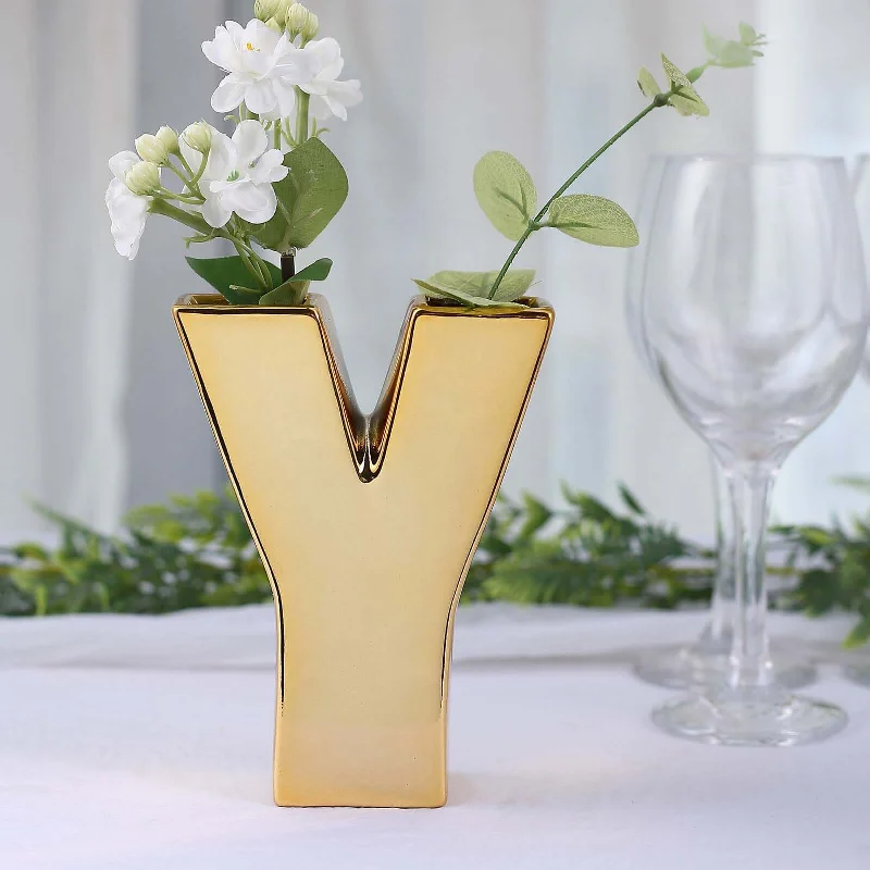 Mid-century birch side table-Shiny Gold Plated Ceramic Letter "Y" Sculpture Flower Vase, Bud Planter Pot Table Centerpiece 6"