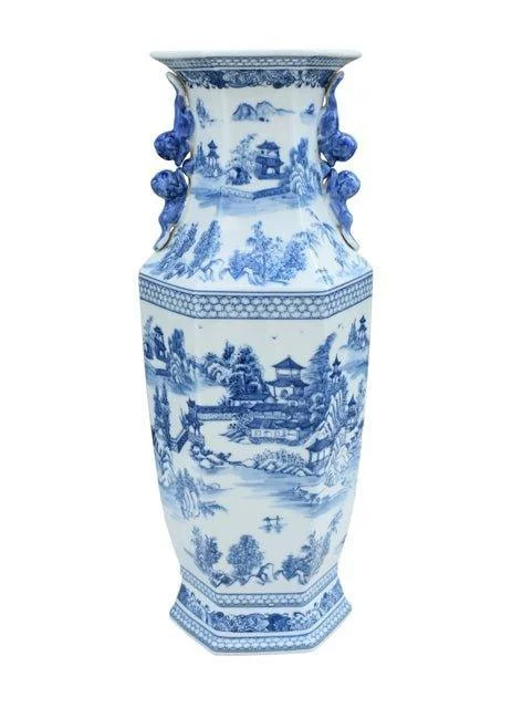 Ceramic violet pot-Blue and White Chinoiserie Hexagonal Porcelain Vase