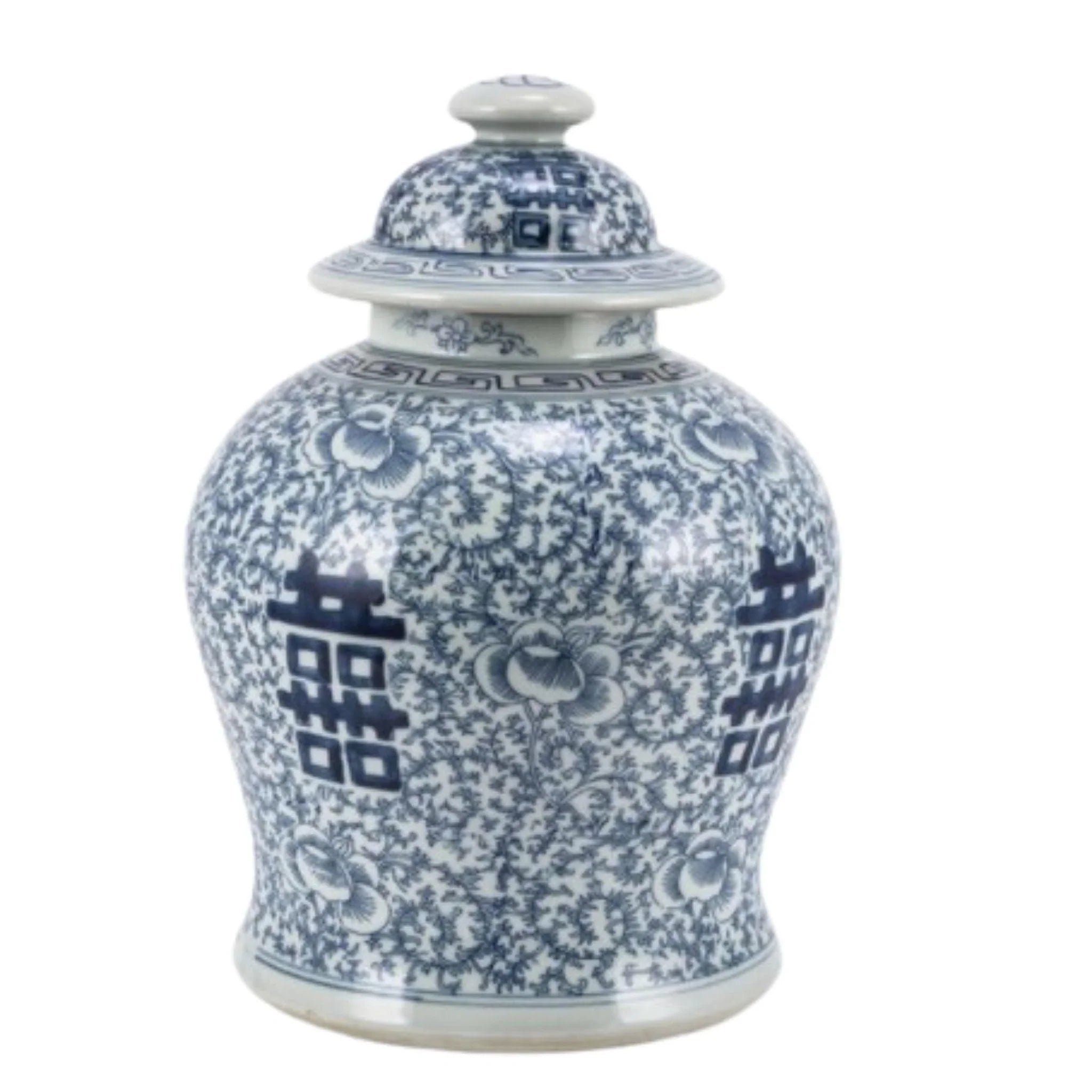 Textured velvet table runner-Blue and White Floral Porcelain Double Happiness Temple Jar