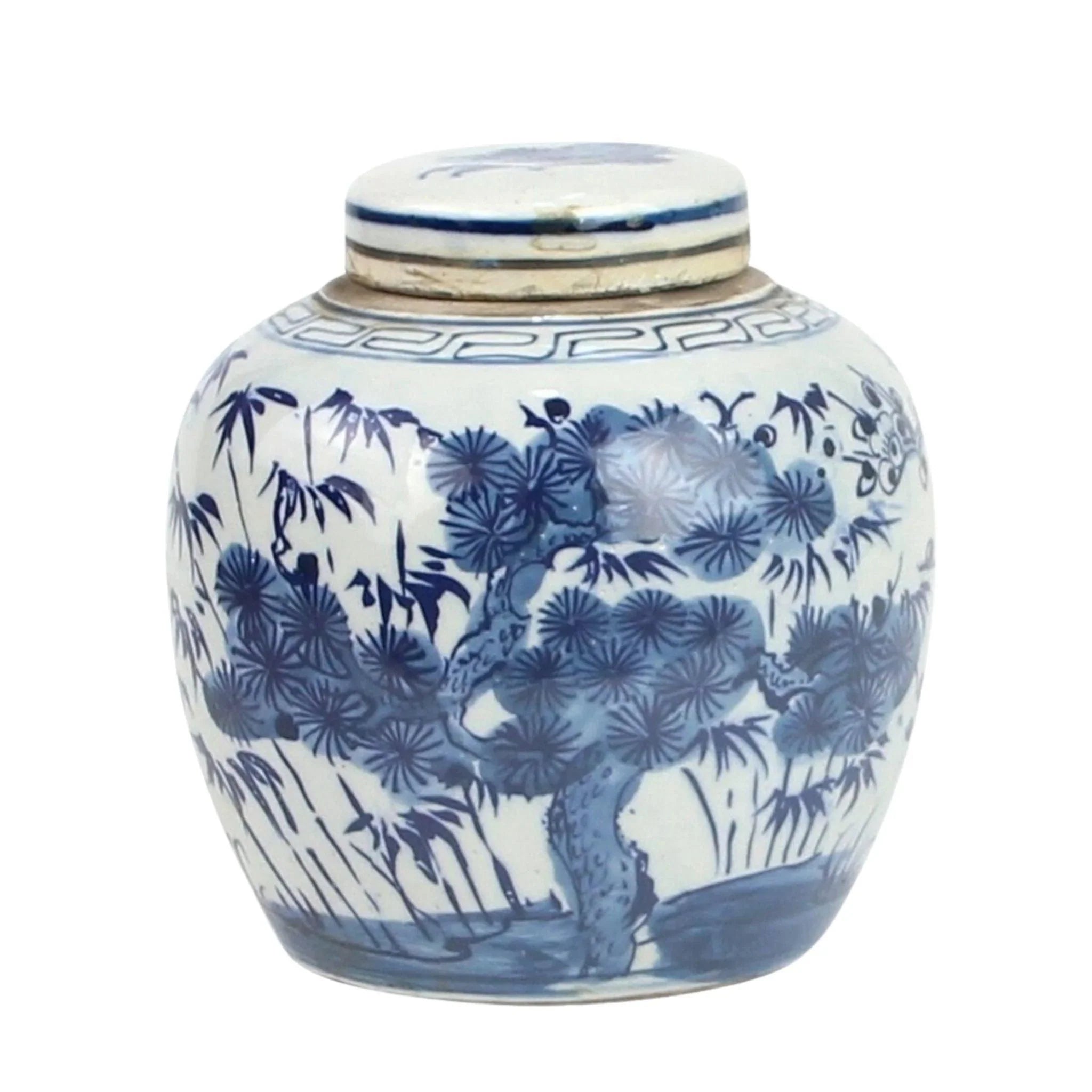 Woven vine storage basket-Blue And White Pine Tree Mini Jar