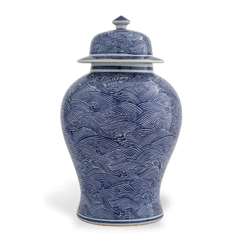 Textured cotton tablecloth-Blue and White Temple Jar in Wave Pattern with Lid