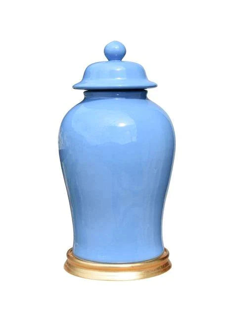 Plush cotton accent rug-Blue Porcelain Temple Jar with Gold Leaf Base