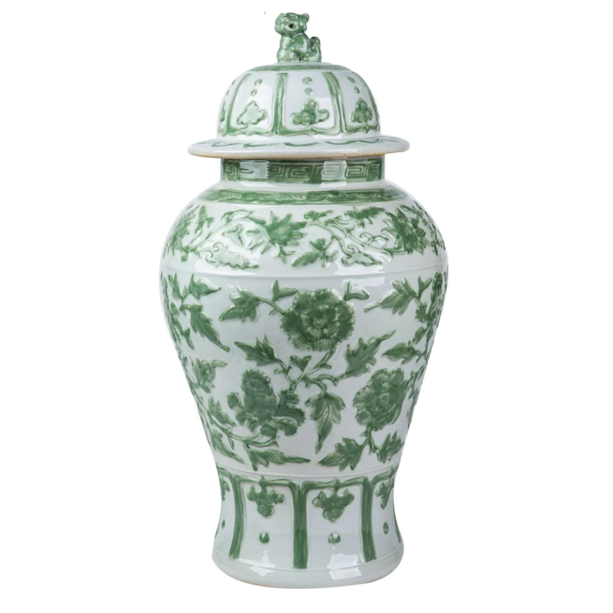 Velvet curved throw cushion-Celadon Green Carved Floral Porcelain Temple Jar with Lion Lid