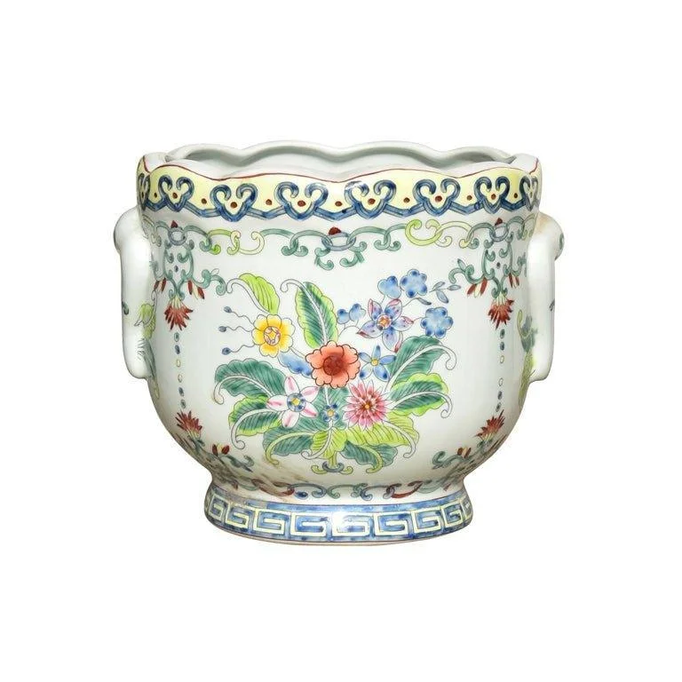 Woven palm storage box-Floral Porcelain Cachepot