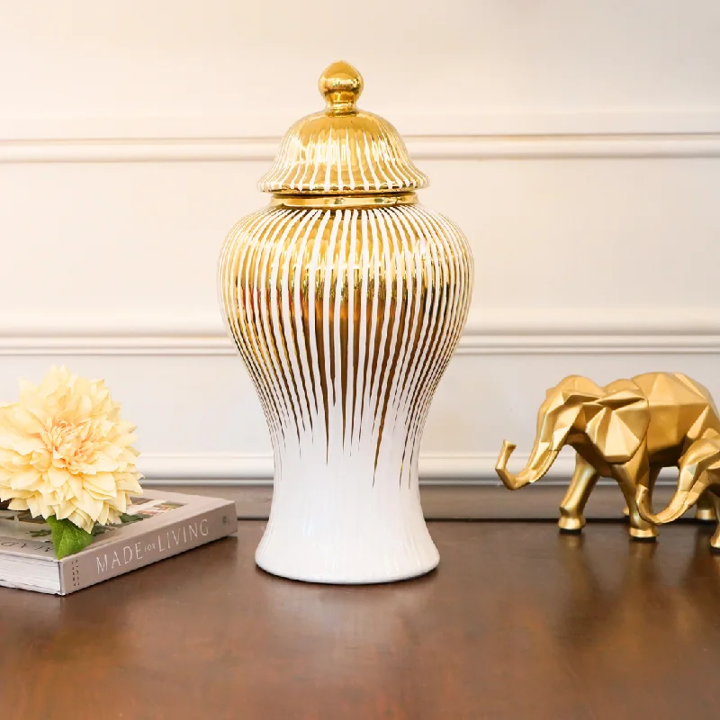 Slate base floor lamp-Gold and Ivory Fluted Ceramic Urn with Lid, Big