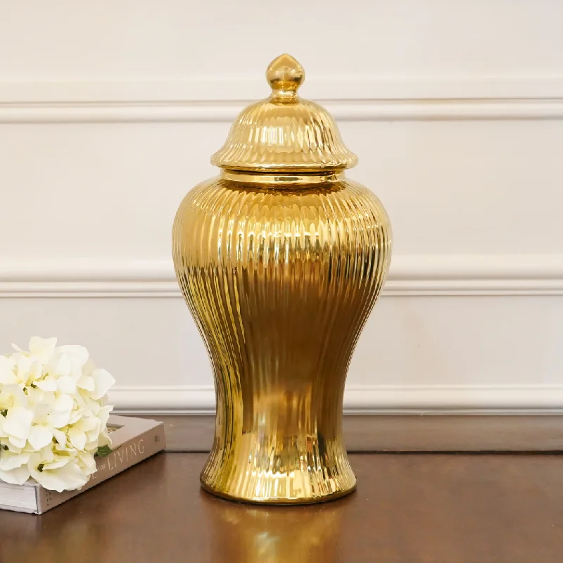 Hand-fired clay jug-Gold Fluted Ceramic Urn / Vase with Lid, Big