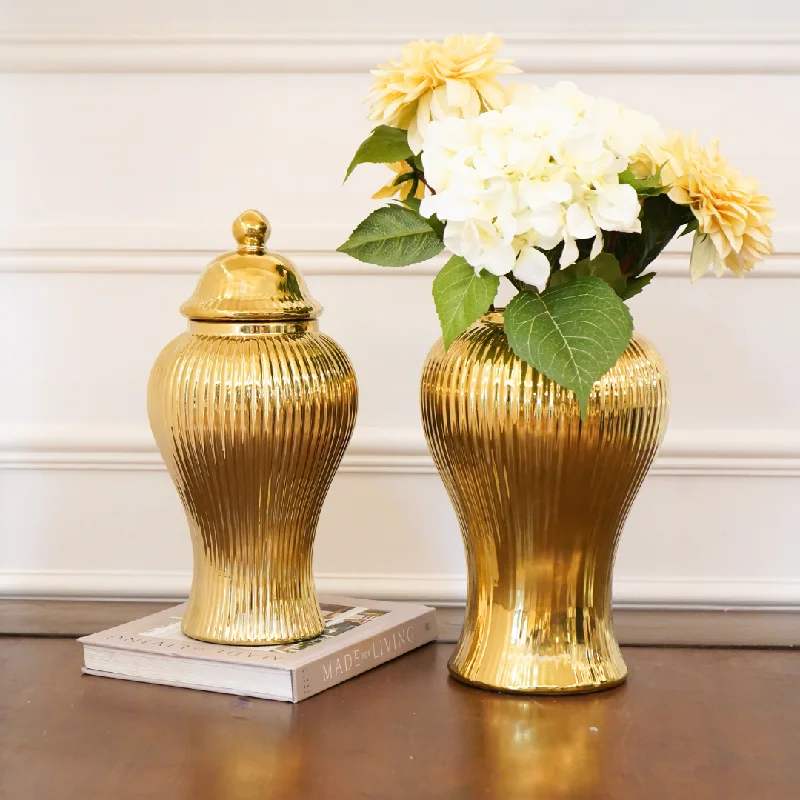 Ceramic daffodil planter-Gold Fluted Ceramic Urn / Vase with Lid, Small