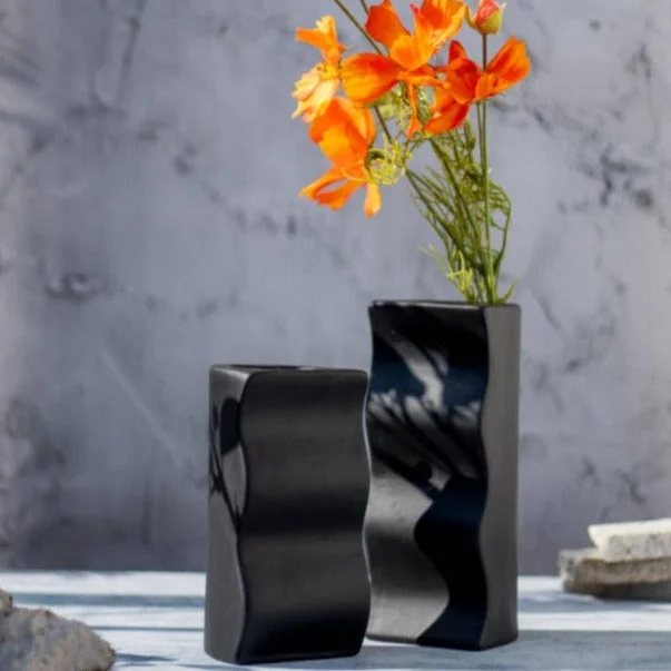 Textured hemp tablecloth-Helen Decorative Black Ceramic Vase | Set of 2