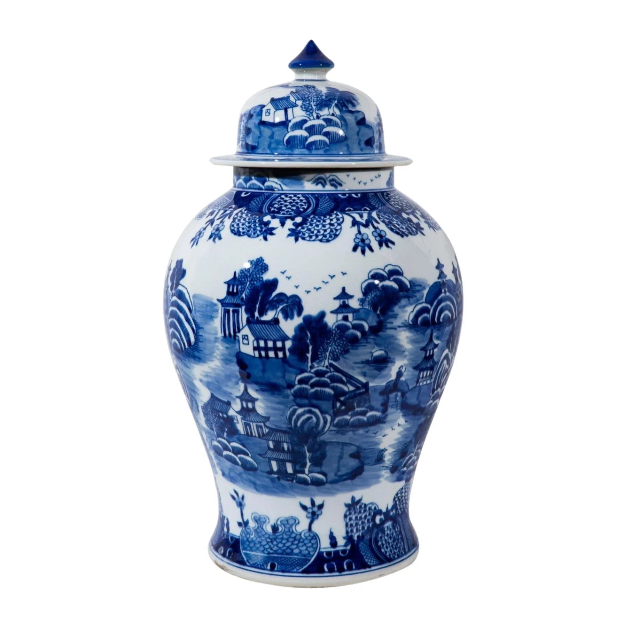 Rustic cotton curtain tieback-Large Blue and White Mountain Pagoda Porcelain Temple Jar