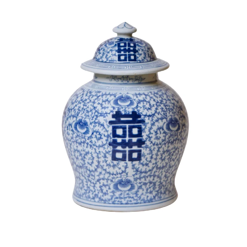 Crystal star pendant light-Medium Blue and White Porcelain Double Happiness Lidded Temple Jar