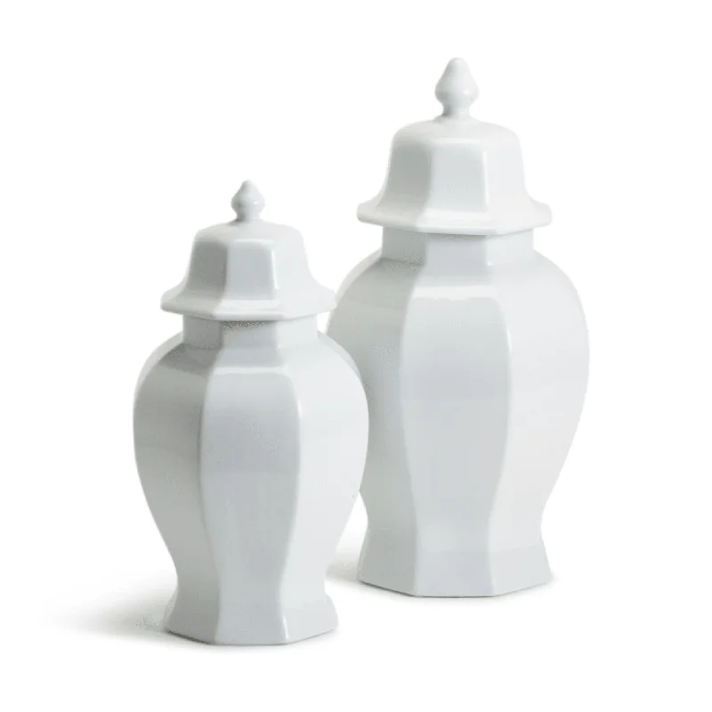 Textured hemp tablecloth-Set of 2 Porcelain White Hexagonal Conservatory Ginger Jars with Lid