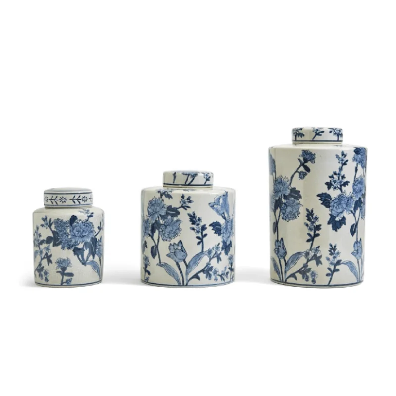 Bamboo weave wall panel-Set of 3 Porcelain Blue and White  Japanese Blossom Tea Jars With Crackle Finish