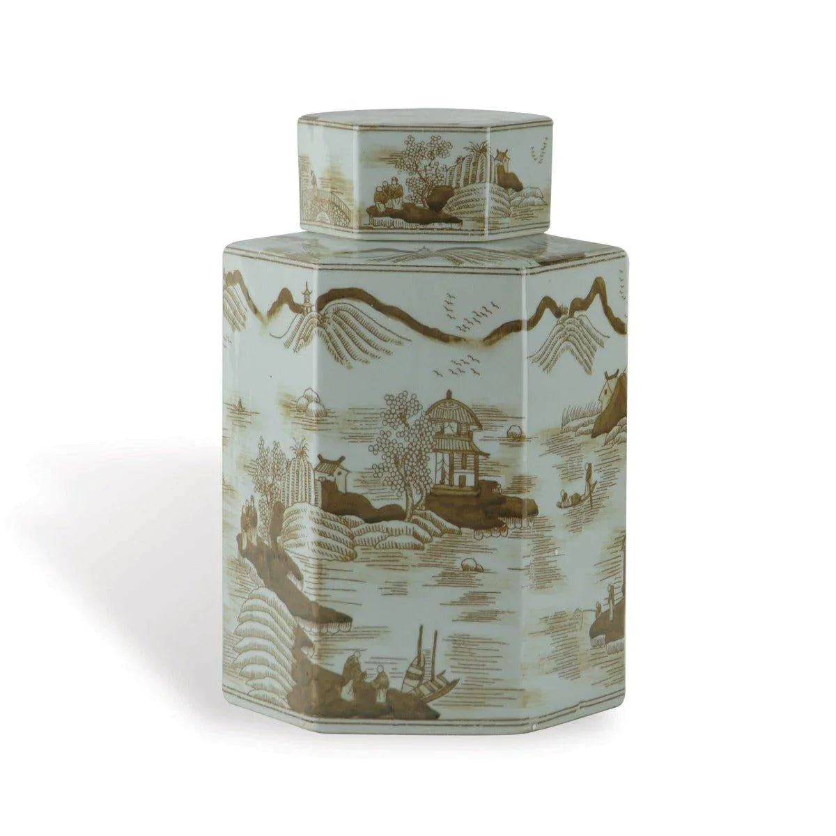 Mid-century pine coffee table-Small Brown on White Porcelain Tea Jar with Asian Pastoral Scene