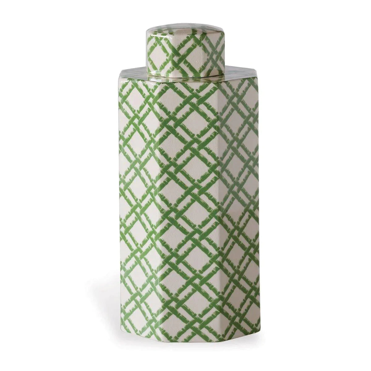 Rustic linen curtain panel-Small Green on Cream Porcelain Tea Jar with Bamboo Trellis Design