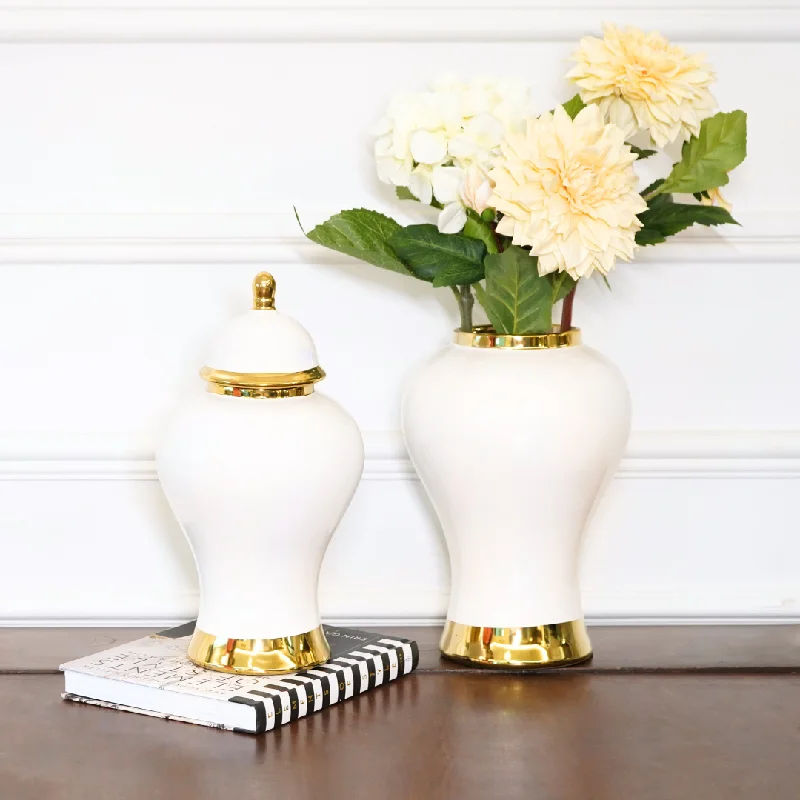 Hand-shaped pottery vase-White Urn in Golden Accents with Lid, Small