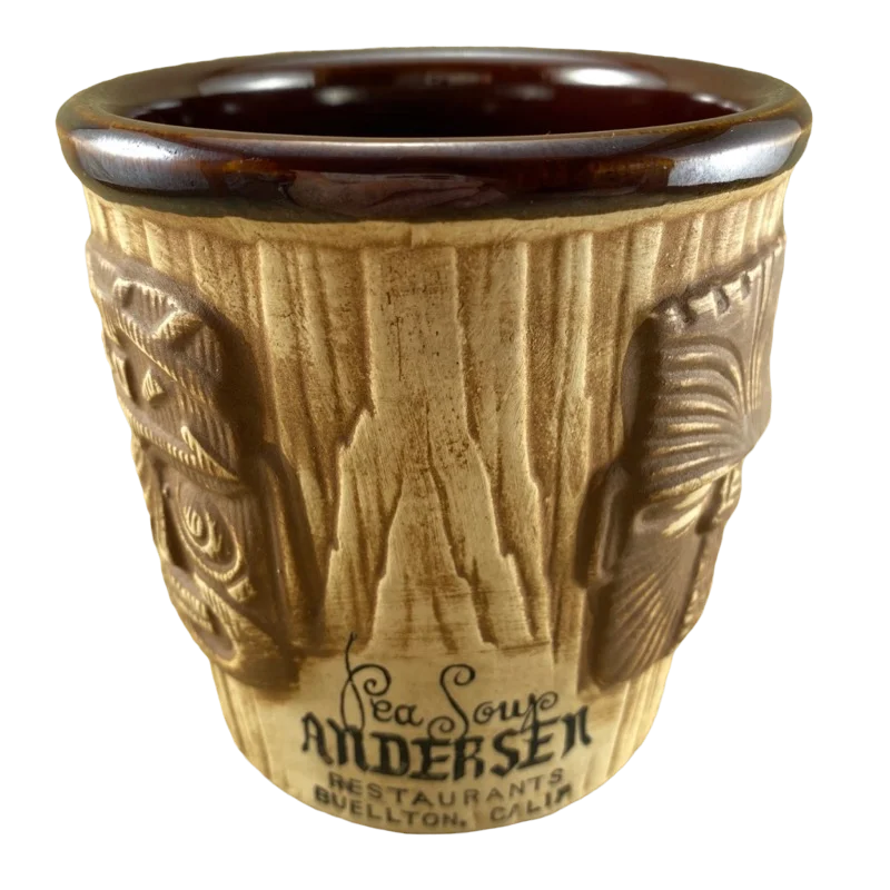 Portable stainless coffee cup-Andersen Restaurants Pea Soup Buellton California 3 Face Brown Bucket Tiki Mug Otagiri