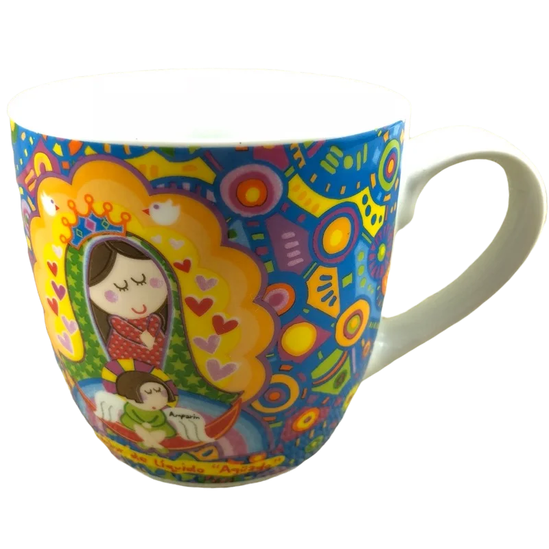 Rustic glazed clay cup-Angels Doves Hearts Contenedor De Liquido Aguado Mr Haus Blue Background Mug Distroller