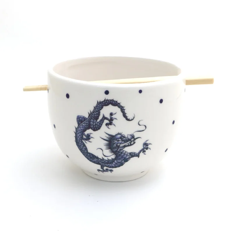 Rustic fired clay tumbler-Chinese Dragon Chopstick Bowl, blue willow, ramen bowl, noodle bowl