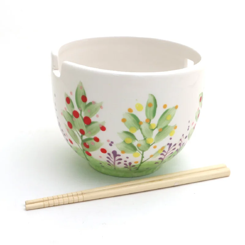 Gradient travel coffee cup-Garden Noodle bowl with chopsticks, whimsical hand painted chopstix bowl