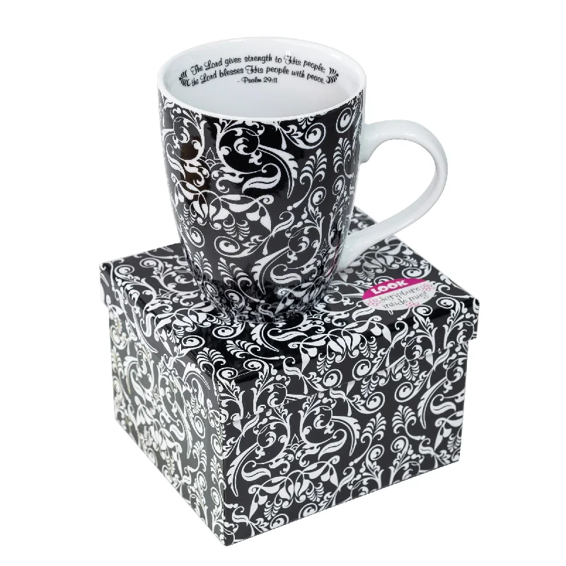 Engraved date ceramic cup-Ceramic Mug - Damask White On Black