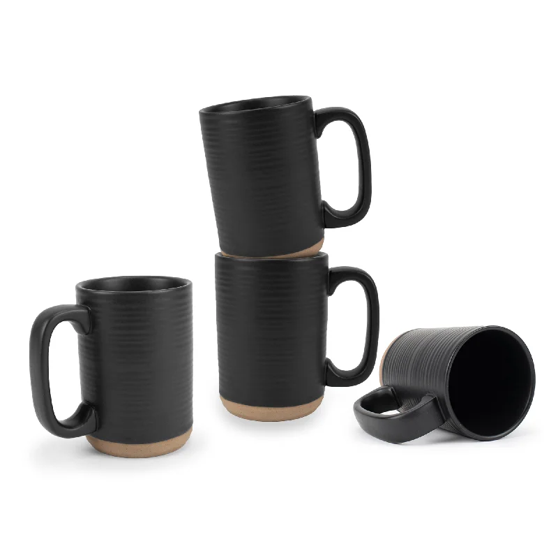 Vacuum-sealed steel coffee mug-Elanze Designs Tall Ribbed Raw Clay Bottom Black 16 ounce Ceramic Coffee Mugs Set of 4