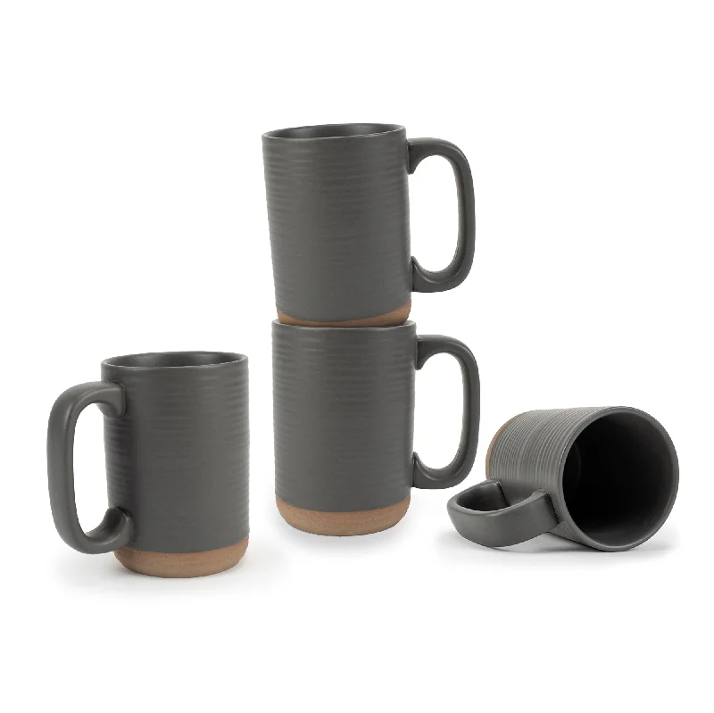 Engraved brass travel mug-Elanze Designs Tall Ribbed Raw Clay Bottom Grey 16 ounce Ceramic Coffee Mugs Set of 4