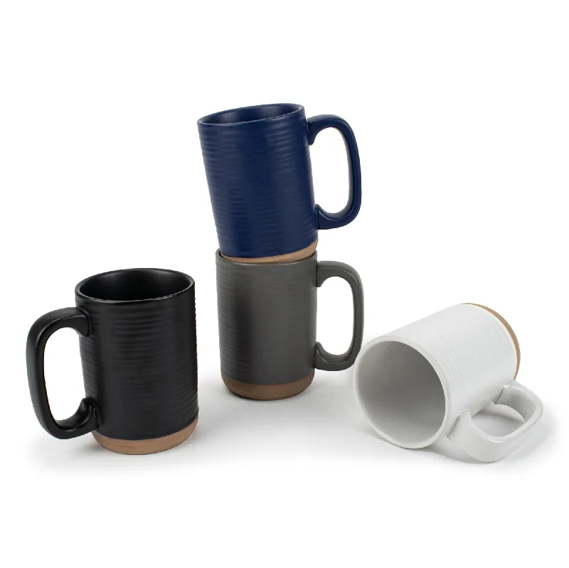 Elegant porcelain sipping cup-Elanze Designs Tall Ribbed Raw Clay Bottom Colorful 16 ounce Ceramic Coffee Mugs Set of 4