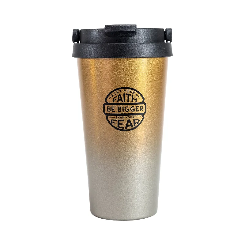 Iridescent travel tumbler-Travel Mug-Faith Bigger Than Fear-Black Ink/Gold Mug