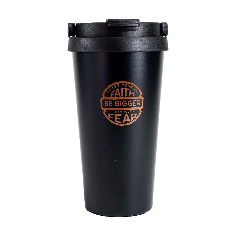 Whimsical polka-dot mug-Travel Mug-Faith Bigger Than Fear-Copper Ink/Black Mug