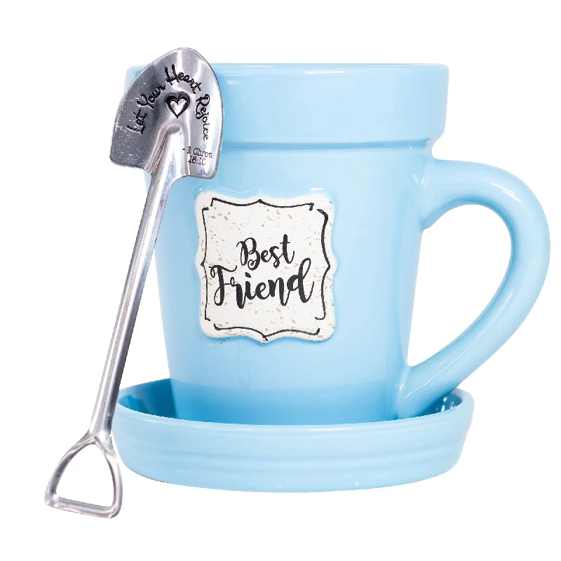 Eco-friendly cork-lined cup-Blue Flower Pot Mug w/Scripture - “Best Friend”