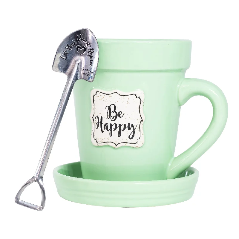 Hand-thrown clay tumbler-Green Flower Pot Mug w/Scripture - “Be Happy”