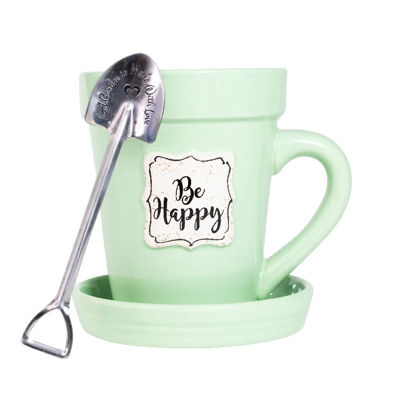 Artisan clay sipping mug-Green Flower Pot Mug - “Be Happy” Without Scripture