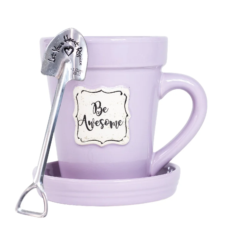 Collapsible travel water cup-Lilac Flower Pot Mug w/Scripture - “Be Awesome”