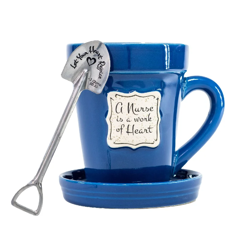 Non-breakable travel cup-Blue Flower Pot Mug - "Nurse Is a Work of Heart"