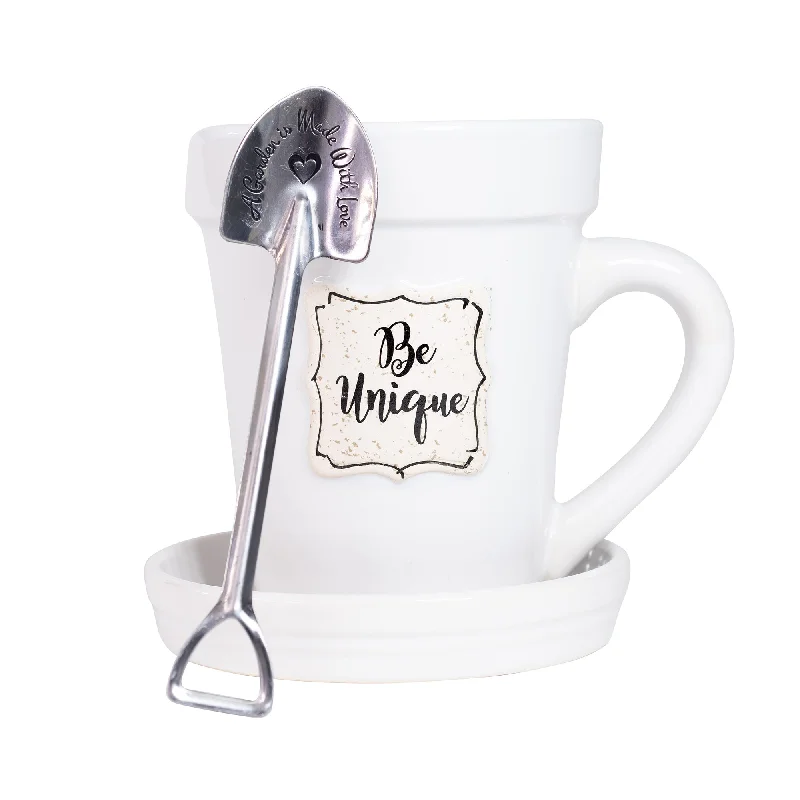 Heavy-duty steel travel mug-White Flower Pot Mug - “Be Unique” Without Scripture