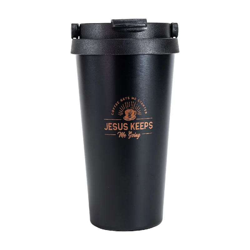 Durable steel sipping cup-Travel Mug-Jesus Keeps Me Going-Copper Ink/Black Mug