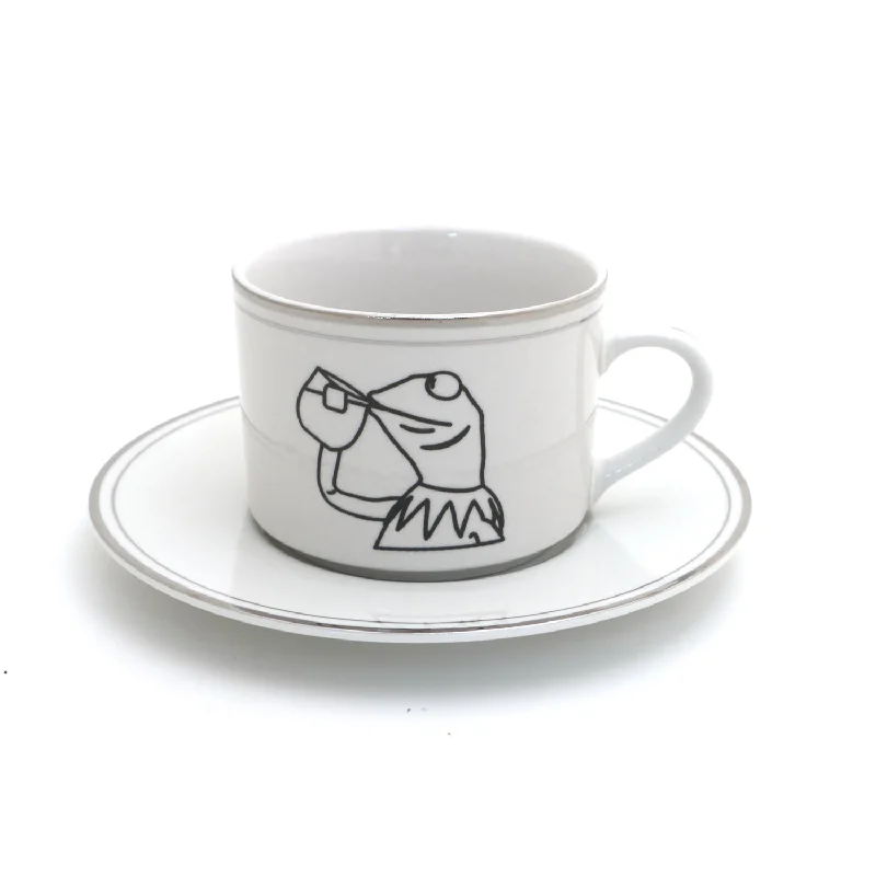 Personalized event coffee mug-Kermit drinking tea teacup and saucer, Kermit meme, Upcycled vintage