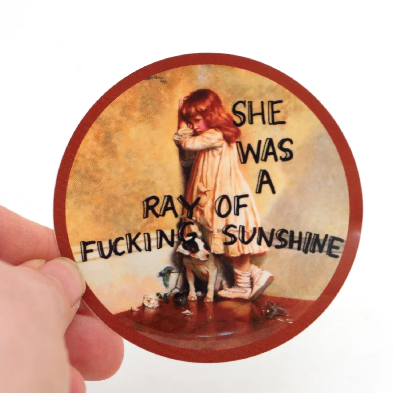 Hand-fired ceramic tumbler-Ray of F'ing Sunshine sticker, 3 x 3 sticker