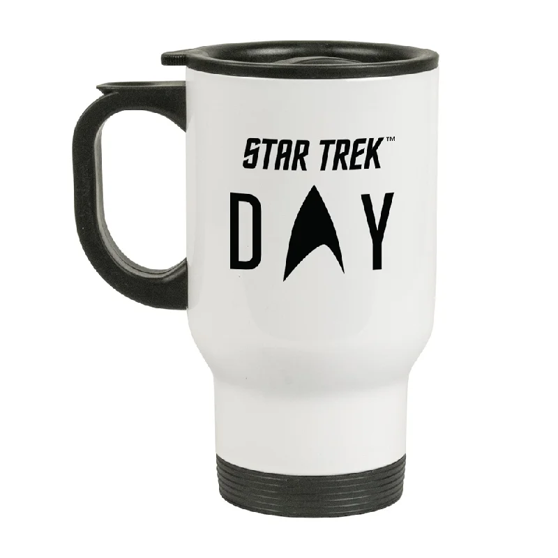 Sturdy insulated sipping tumbler-Star Trek Day Logo 14 oz Stainless Steel Travel Mug with Handle