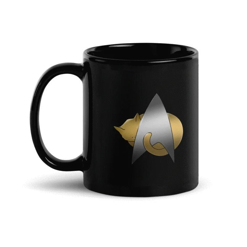 Sleek frosted glass mug-Star Trek: The Next Generation Kitty Cat Logo Black Mug