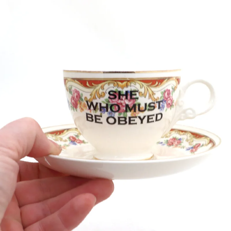 Polished metal water tumbler-vintage teacup and saucer, She Who Must Be Obeyed, upcycled, funny teacup, kiln fired