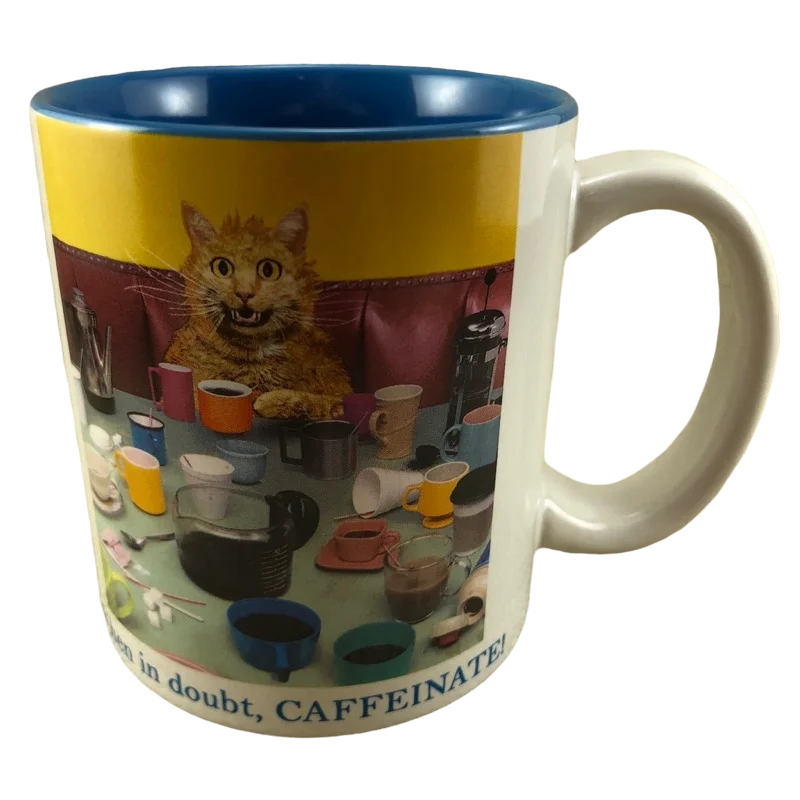 Engraved wooden coffee tumbler-Animal Antics When In Doubt Caffeinated Cat Mug Westland Giftware