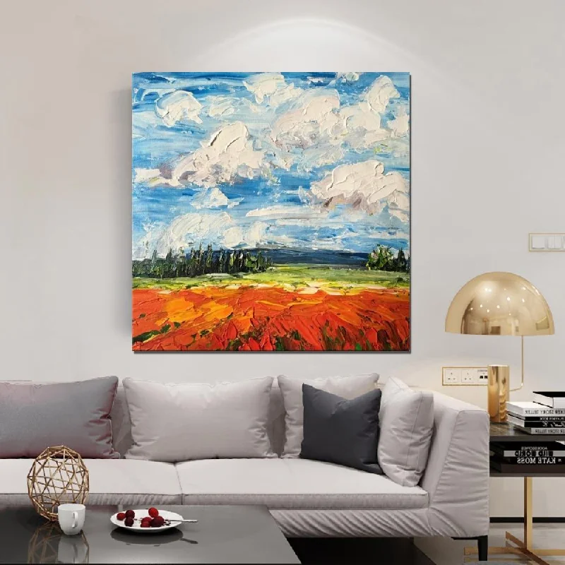 Bamboo lattice wall panel-Abstract Landscape Painting, Landscape Paintings for Living Room, Red Poppy Field and Sky, Large Landscape Painting for Dining Room, Heavy Texture Painting