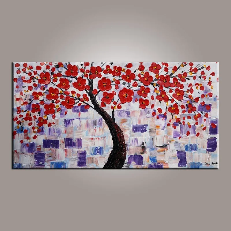 Minimalist blue wall mirror-Canvas Art, Red Flower Tree Painting, Abstract Painting, Painting on Sale, Dining Room Wall Art, Art on Sale, Modern Art, Contemporary Art