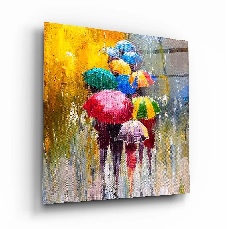 Textured hemp tablecloth-Colorful Umbrellas Glass Wall Art